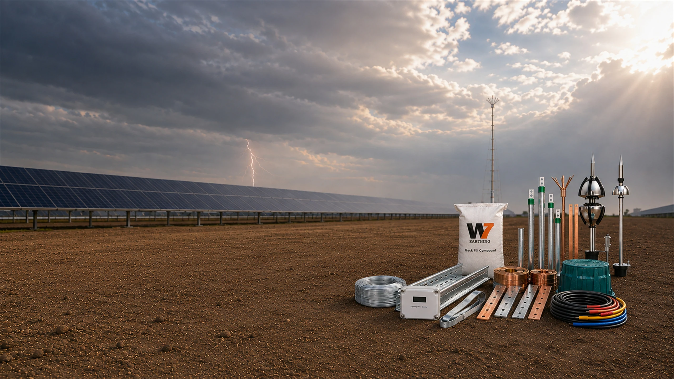 WE7 earthing electrodes, conductors, pit cover, backfill compound and lightning-protection products at a solar installation