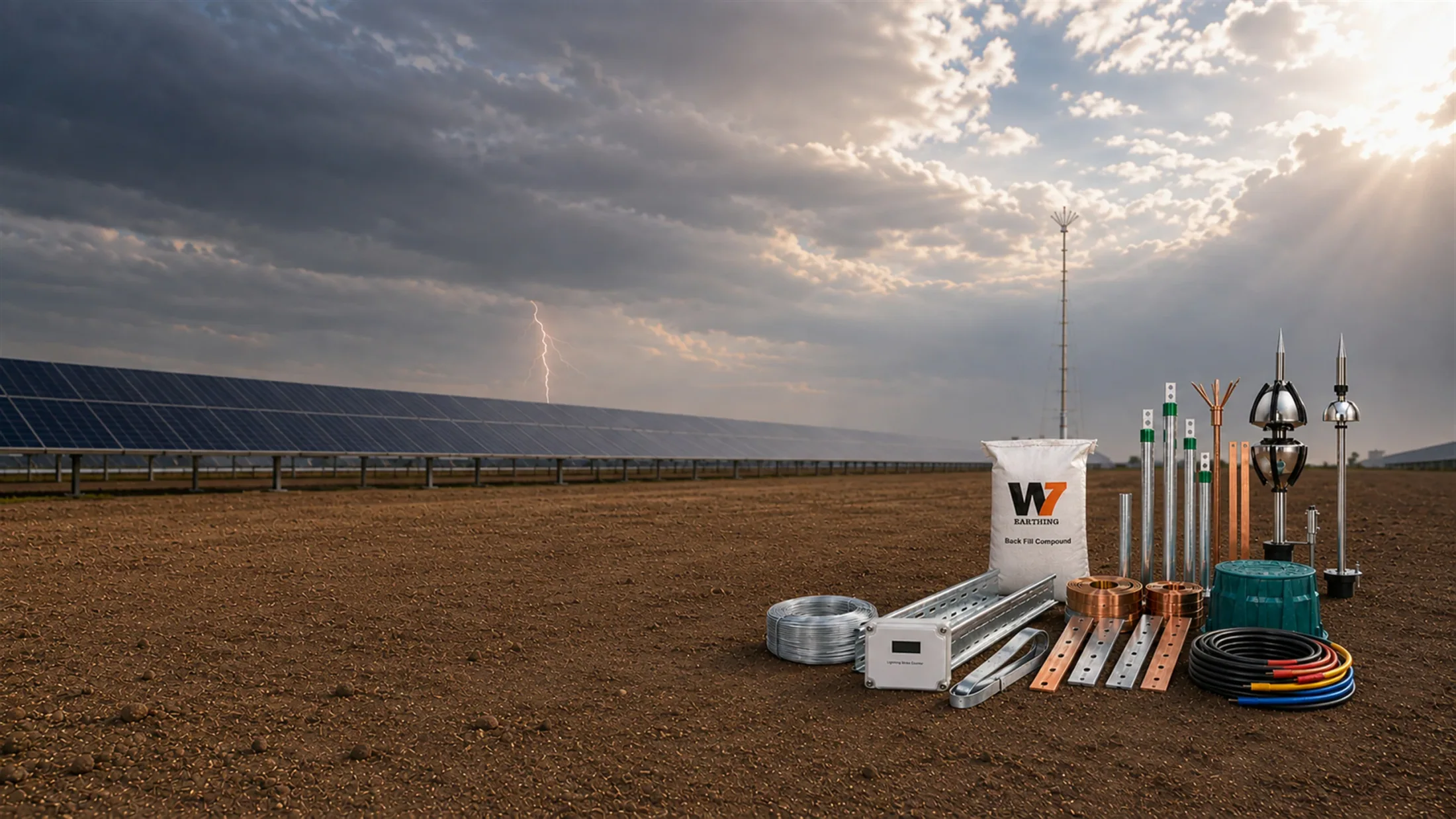 CoreWE7 earthing electrodes, conductors, pit cover, backfill compound and lightning-protection products at a solar installation
